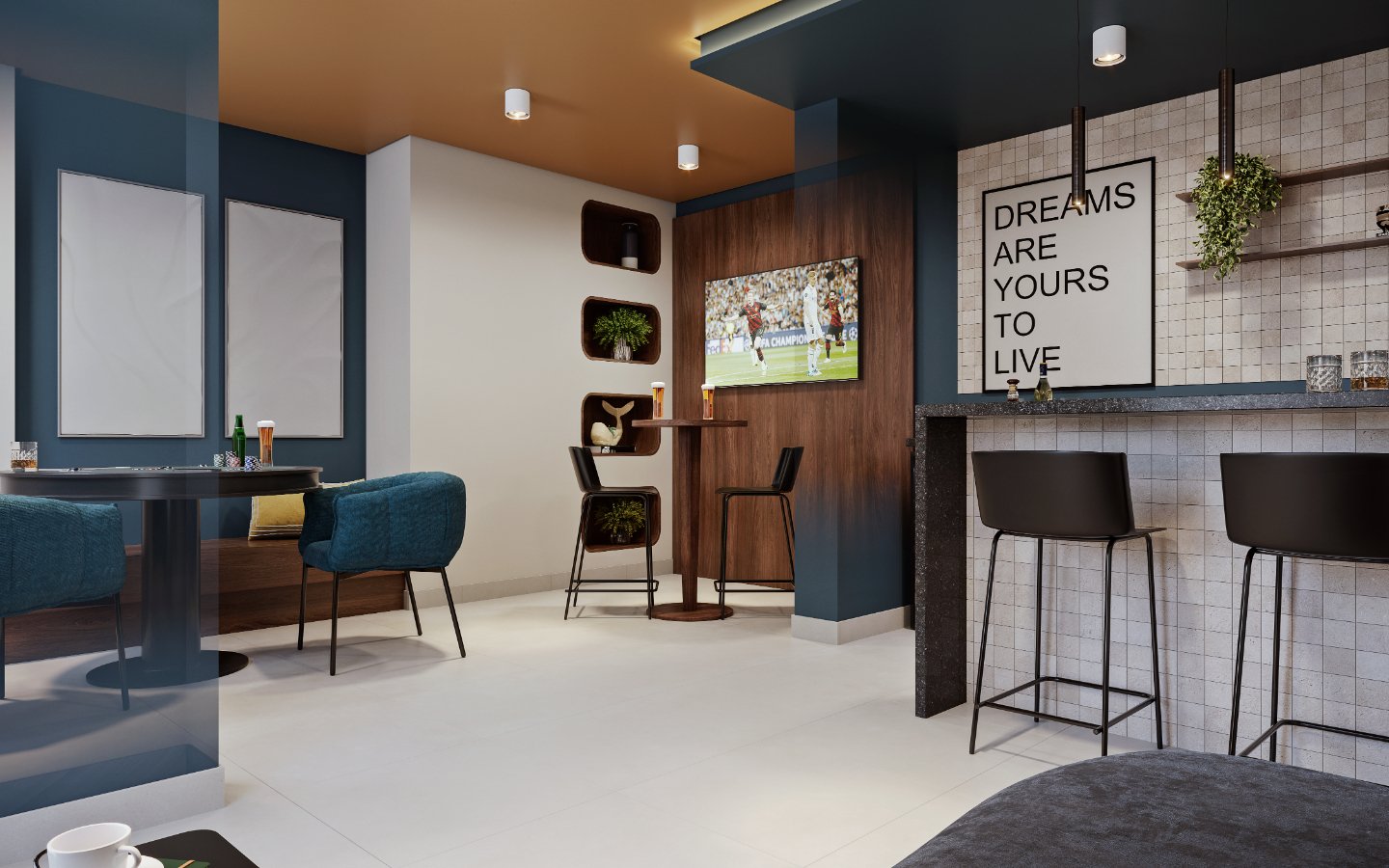Perspectiva ilustrativa do lounge gourmet interno