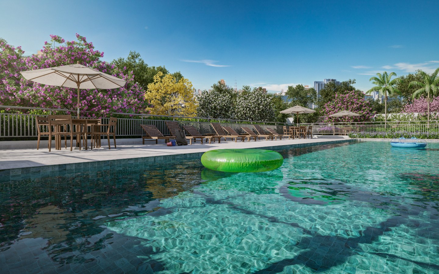 Perspectiva ilustrativa da piscina com deck e paisagismo