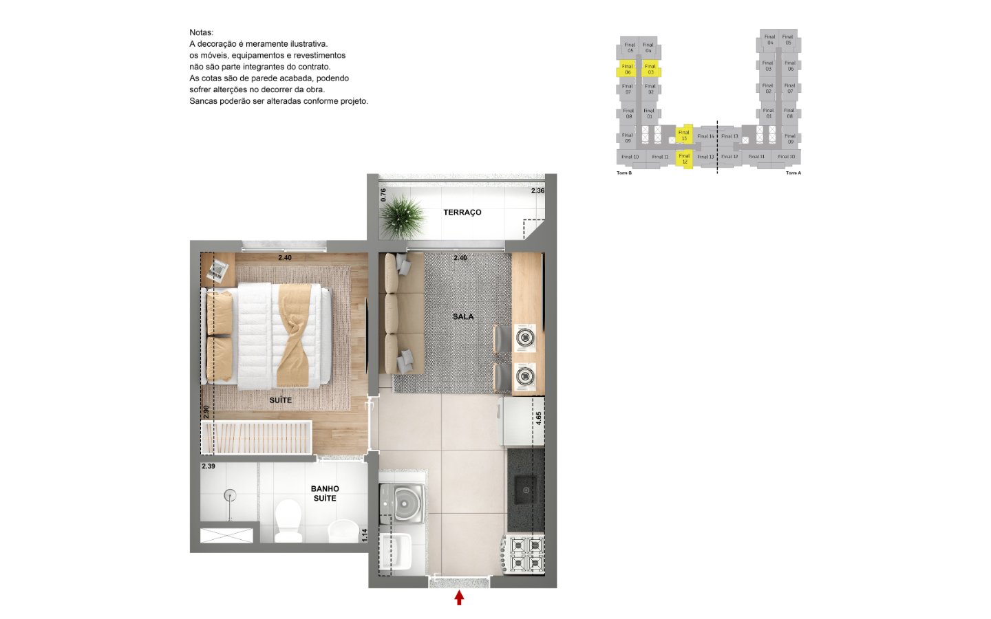 Planta de 1 dormitório com suíte e terraço