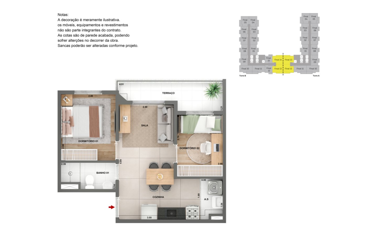 Planta de 2 dormitórios com terraço ampliado