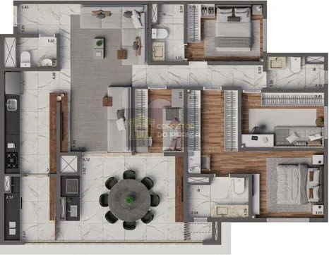 Planta opção de 125 m² do Living Heredità com 4 dormitórios, 2 suítes e 2 vagas — perspectiva ilustrativa