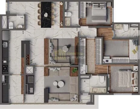Planta tipo de 125 m² do Living Heredità com 3 suítes, sala ampliada e 2 vagas — perspectiva ilustrativa