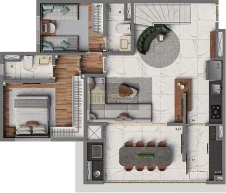 Planta do piso inferior do duplex de 157 m² do Living Heredità — perspectiva ilustrativa