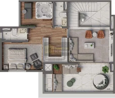 Planta do piso superior do duplex de 157 m² do Living Heredità, com suíte e solarium — perspectiva ilustrativa