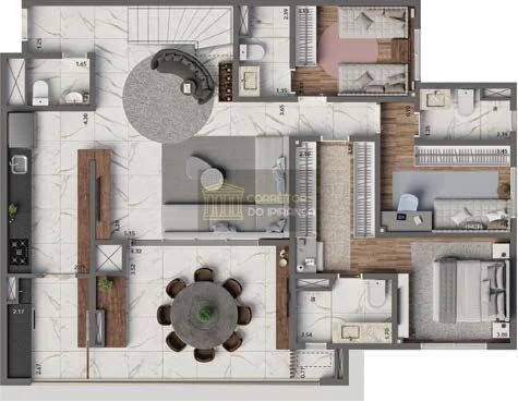 Planta do piso inferior do duplex de 241 m² do Living Heredità com 3 dormitórios e 2 suítes — perspectiva ilustrativa