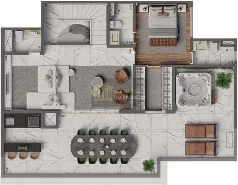 Planta do piso superior do duplex de 241 m² do Living Heredità com suíte e terraço — perspectiva ilustrativa