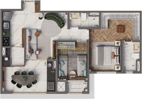 Planta de 69 m² do Living Heredità Alto do Ipiranga com 2 dormitórios, 1 suíte e 1 vaga — perspectiva ilustrativa