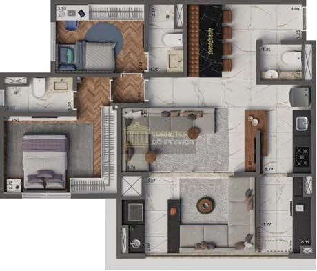 Planta opção de 83 m² do Living Heredità com 2 suítes e sala ampliada — perspectiva ilustrativa