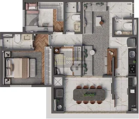 Planta tipo de 83 m² do Living Heredità com 3 dormitórios, 1 suíte e 1 vaga — perspectiva ilustrativa