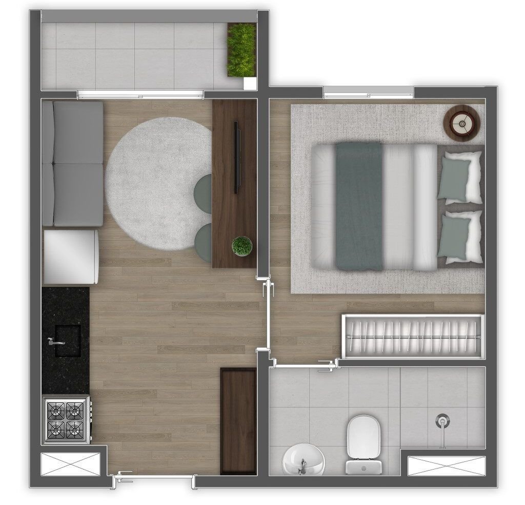 Planta de 1 dormitório com varanda do Essência Ipiranga — perspectiva ilustrativa