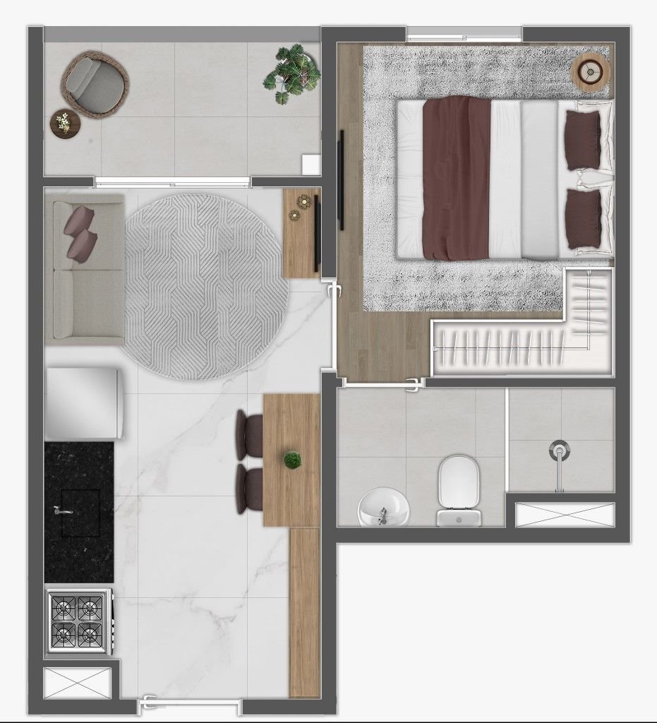 Planta de 1 dormitório com varanda do Essência Ipiranga — perspectiva ilustrativa