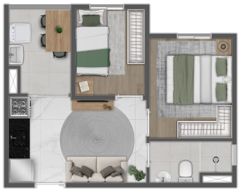 Planta de 2 dormitórios com varanda do Essência Ipiranga — perspectiva ilustrativa