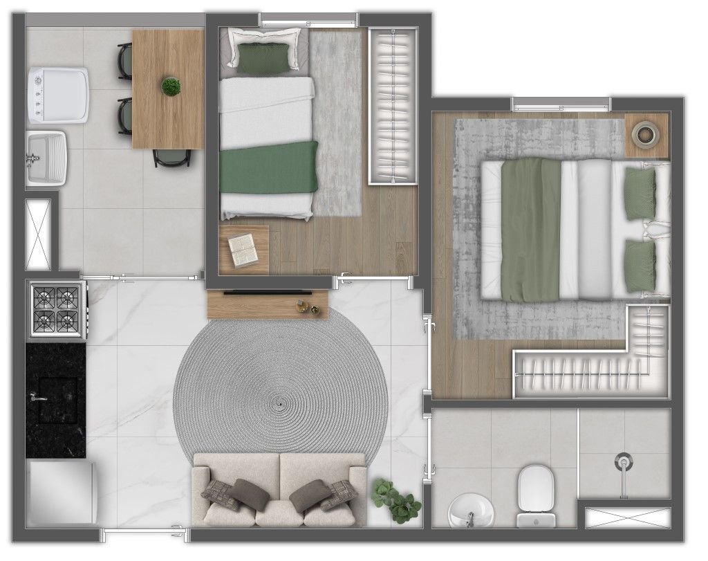 Planta de 2 dormitórios com varanda do Essência Ipiranga — perspectiva ilustrativa